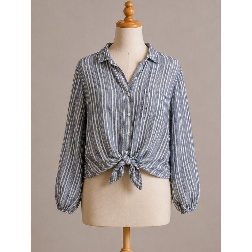 American Eagle Blue Striped Tie Front Balloon Sleeve Button Up Top Small